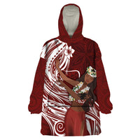 Tahiti Islands Polynesian Plumeria Wearable Blanket Hoodie Tahitian Vahine 'Ote'a - Scarlet LT7 One Size Red - Polynesian Pride