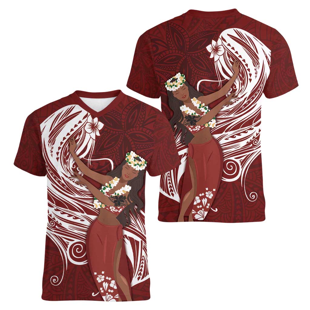 Tahiti Islands Polynesian Plumeria Women V-Neck T-Shirt Tahitian Vahine 'Ote'a - Scarlet LT7 - Polynesian Pride