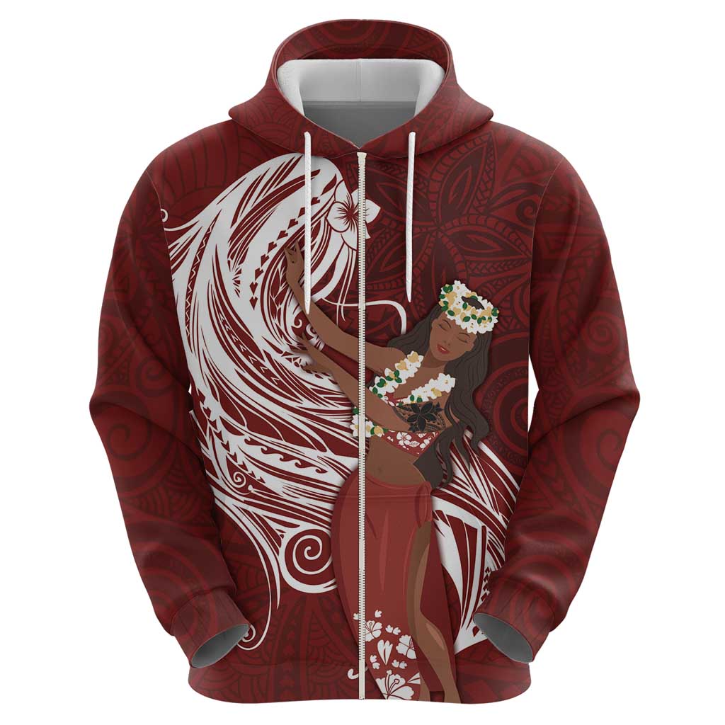 Tahiti Islands Polynesian Plumeria Zip Hoodie Tahitian Vahine 'Ote'a - Scarlet LT7 - Polynesian Pride