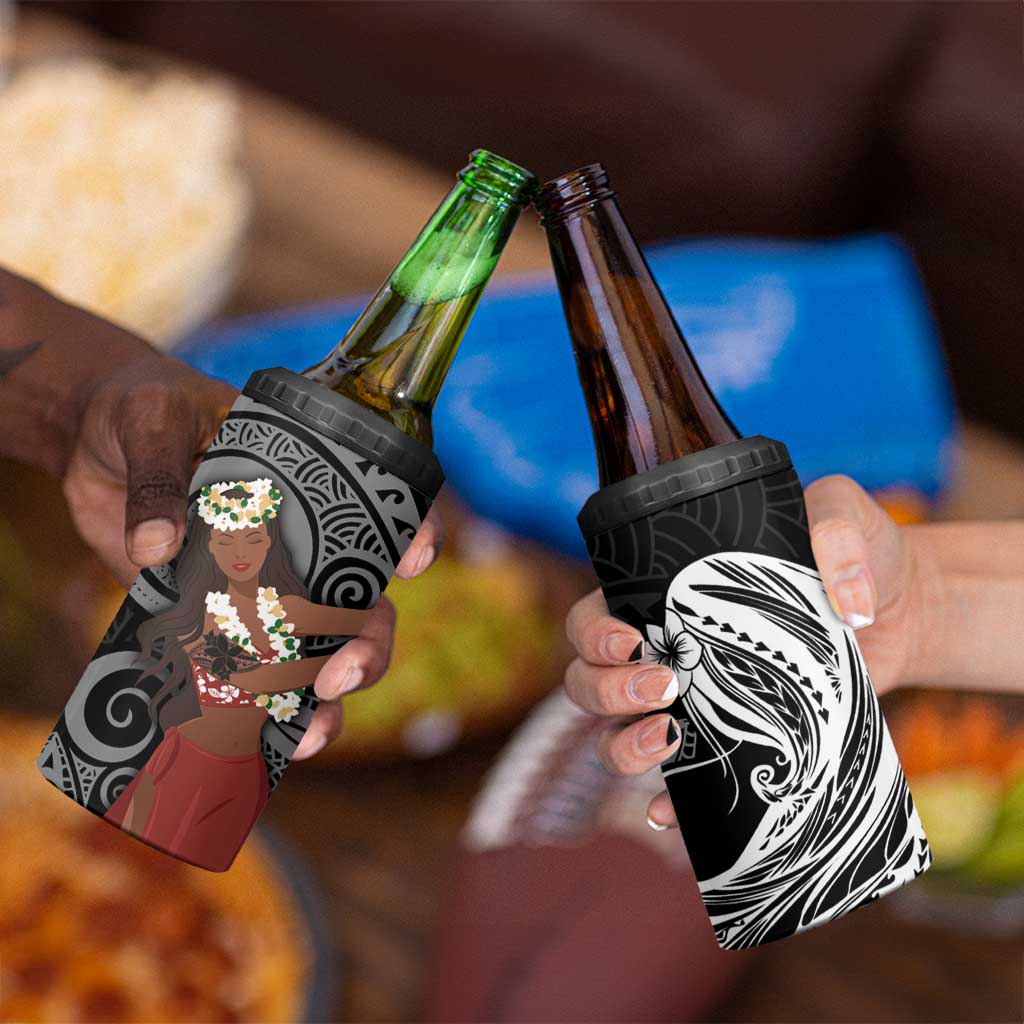 Tahiti Islands Polynesian Plumeria 4 in 1 Can Cooler Tumbler Tahitian Vahine 'Ote'a - Black