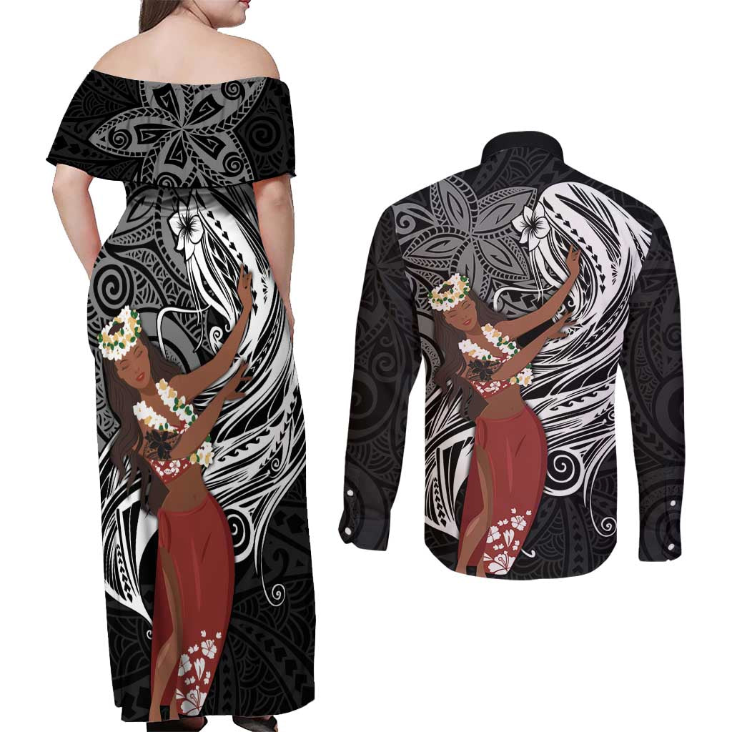 Tahiti Islands Polynesian Plumeria Couples Matching Off Shoulder Maxi Dress and Long Sleeve Button Shirt Tahitian Vahine 'Ote'a - Black LT7 - Polynesian Pride