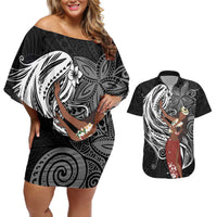 Tahiti Islands Polynesian Plumeria Couples Matching Off Shoulder Short Dress and Hawaiian Shirt Tahitian Vahine 'Ote'a - Black LT7 Black - Polynesian Pride