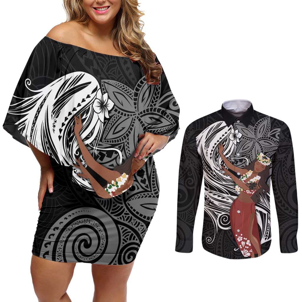 Tahiti Islands Polynesian Plumeria Couples Matching Off Shoulder Short Dress and Long Sleeve Button Shirt Tahitian Vahine 'Ote'a - Black LT7 Black - Polynesian Pride