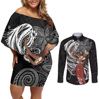 Tahiti Islands Polynesian Plumeria Couples Matching Off Shoulder Short Dress and Long Sleeve Button Shirt Tahitian Vahine 'Ote'a - Black LT7 Black - Polynesian Pride