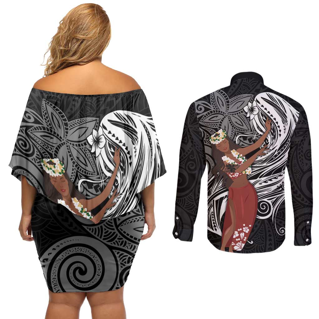 Tahiti Islands Polynesian Plumeria Couples Matching Off Shoulder Short Dress and Long Sleeve Button Shirt Tahitian Vahine 'Ote'a - Black LT7 - Polynesian Pride