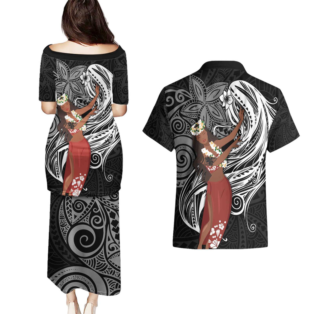 Tahiti Islands Polynesian Plumeria Couples Matching Puletasi and Hawaiian Shirt Tahitian Vahine 'Ote'a - Black LT7 - Polynesian Pride
