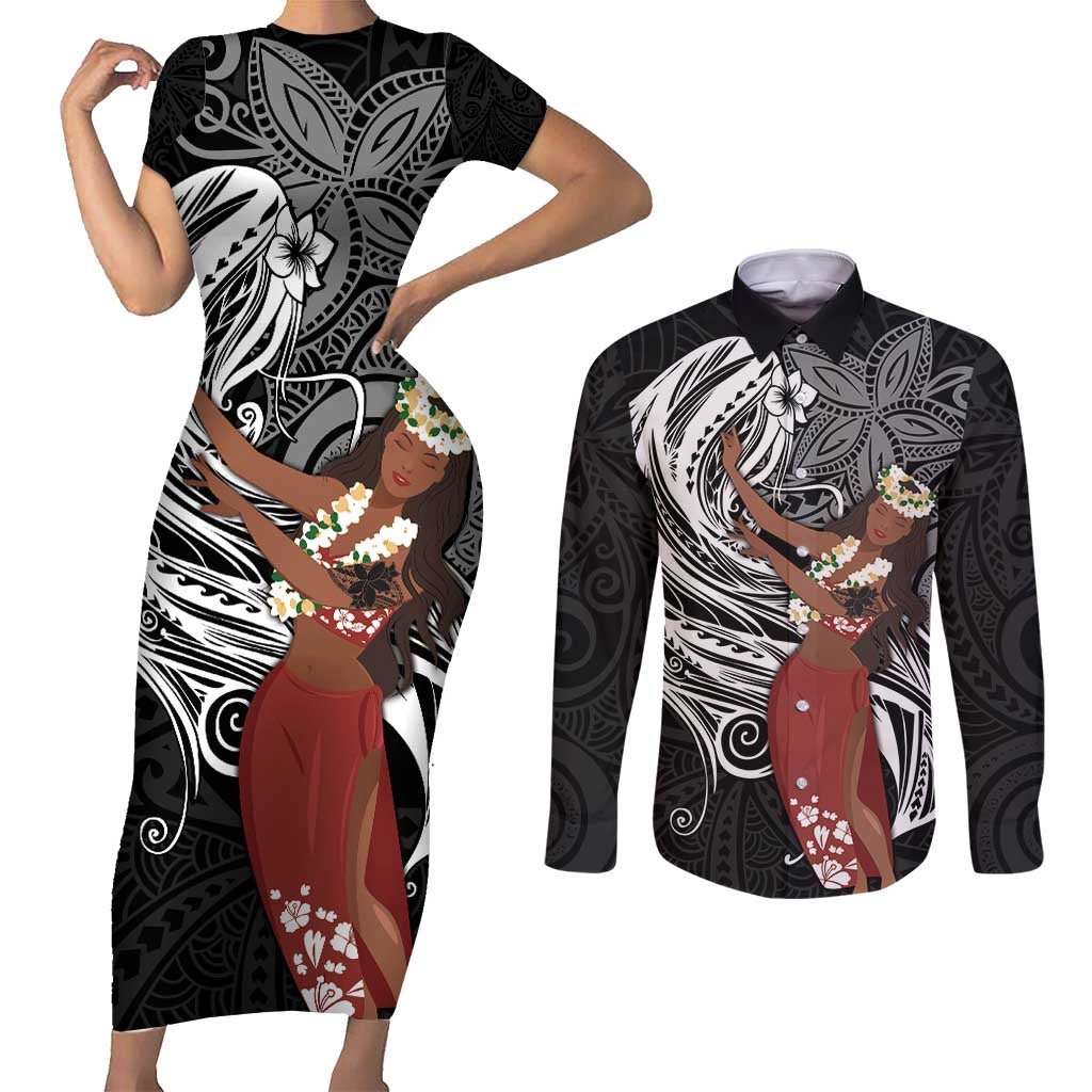 Tahiti Islands Polynesian Plumeria Couples Matching Short Sleeve Bodycon Dress and Long Sleeve Button Shirt Tahitian Vahine 'Ote'a - Black