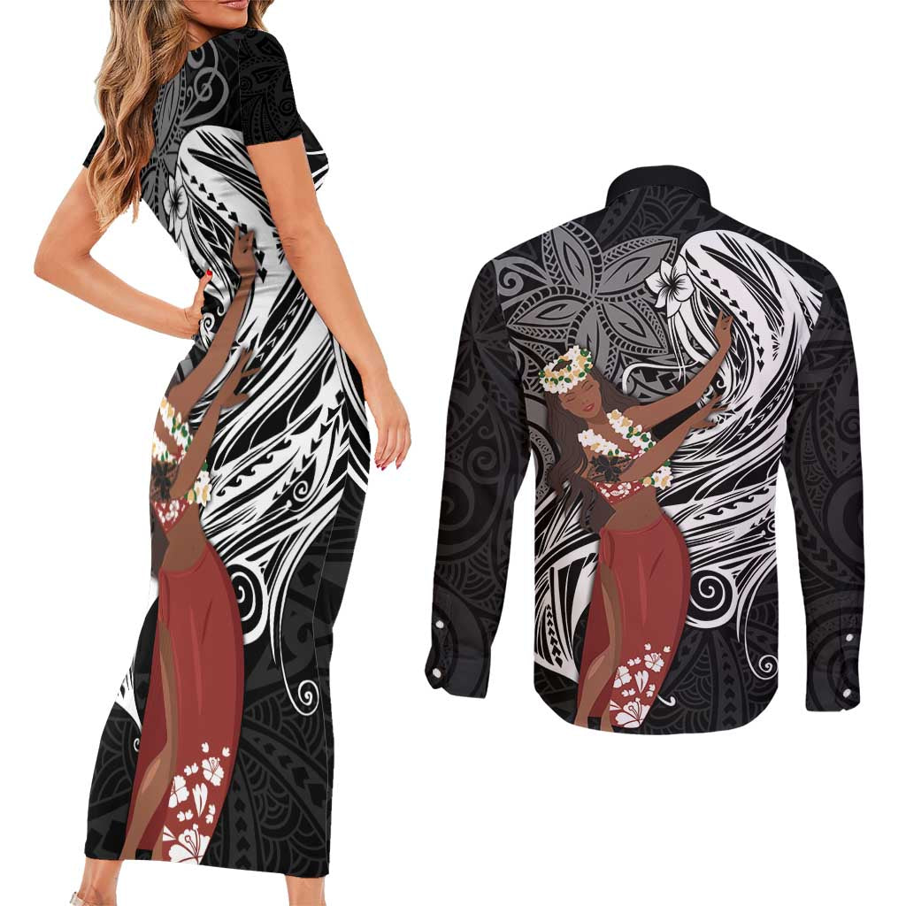 Tahiti Islands Polynesian Plumeria Couples Matching Short Sleeve Bodycon Dress and Long Sleeve Button Shirt Tahitian Vahine 'Ote'a - Black LT7 - Polynesian Pride