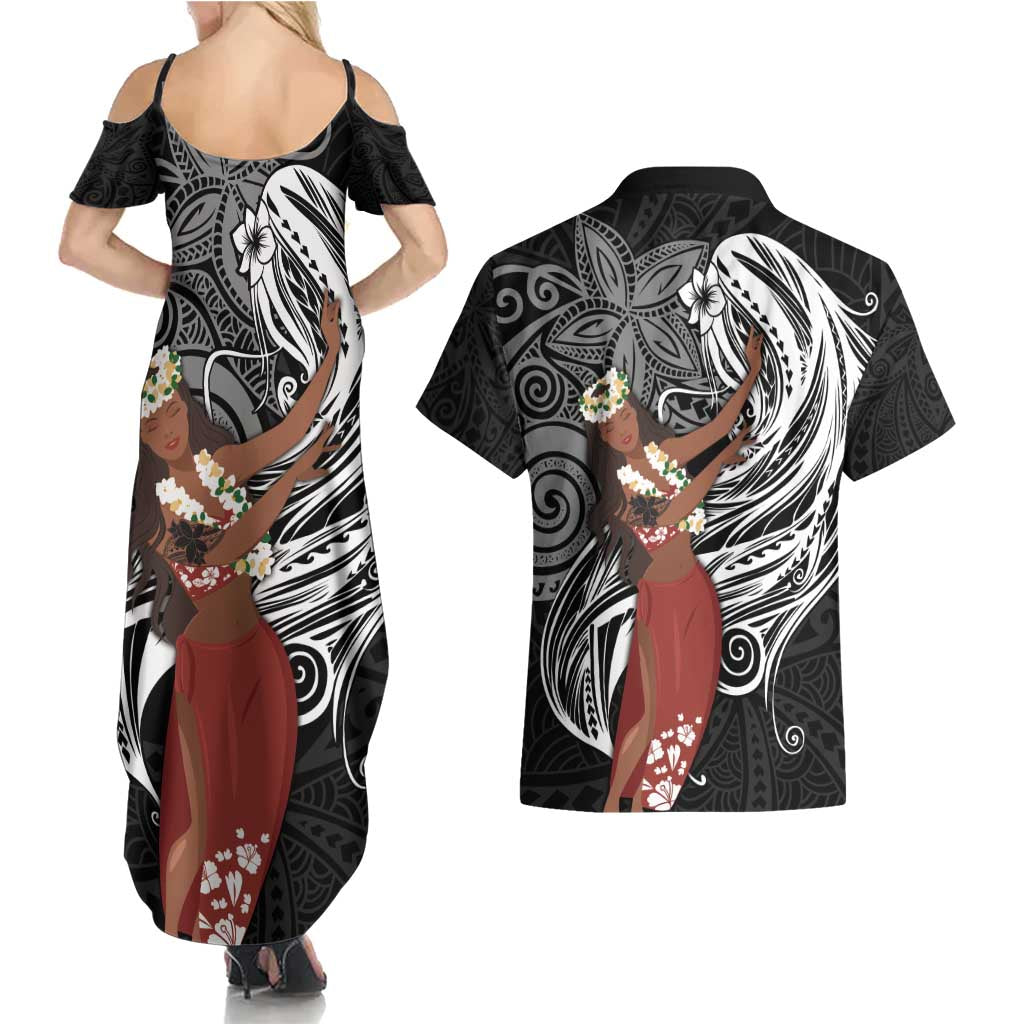 Tahiti Islands Polynesian Plumeria Couples Matching Summer Maxi Dress and Hawaiian Shirt Tahitian Vahine 'Ote'a - Black LT7 - Polynesian Pride