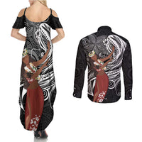 Tahiti Islands Polynesian Plumeria Couples Matching Summer Maxi Dress and Long Sleeve Button Shirt Tahitian Vahine 'Ote'a - Black LT7 - Polynesian Pride