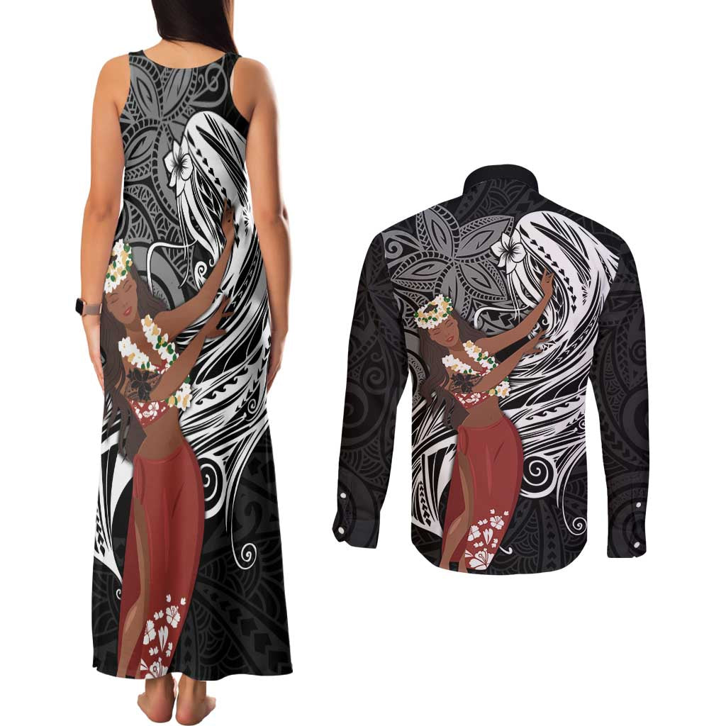 Tahiti Islands Polynesian Plumeria Couples Matching Tank Maxi Dress and Long Sleeve Button Shirt Tahitian Vahine 'Ote'a - Black LT7 - Polynesian Pride