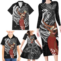Tahiti Islands Polynesian Plumeria Family Matching Long Sleeve Bodycon Dress and Hawaiian Shirt Tahitian Vahine 'Ote'a - Black LT7 - Polynesian Pride