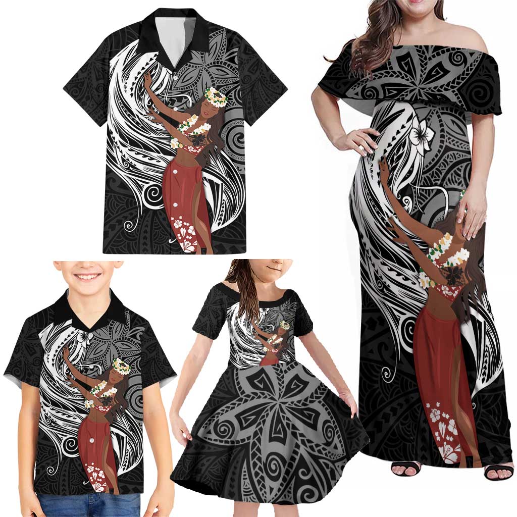 Tahiti Islands Polynesian Plumeria Family Matching Off Shoulder Maxi Dress and Hawaiian Shirt Tahitian Vahine 'Ote'a - Black LT7 - Polynesian Pride