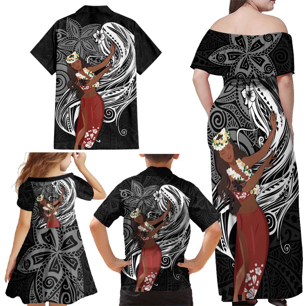 Tahiti Islands Polynesian Plumeria Family Matching Off Shoulder Maxi Dress and Hawaiian Shirt Tahitian Vahine 'Ote'a - Black LT7 - Polynesian Pride