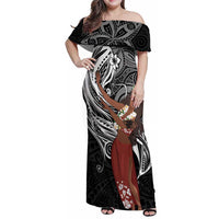 Tahiti Islands Polynesian Plumeria Family Matching Off Shoulder Maxi Dress and Hawaiian Shirt Tahitian Vahine 'Ote'a - Black LT7 Mom's Dress Black - Polynesian Pride