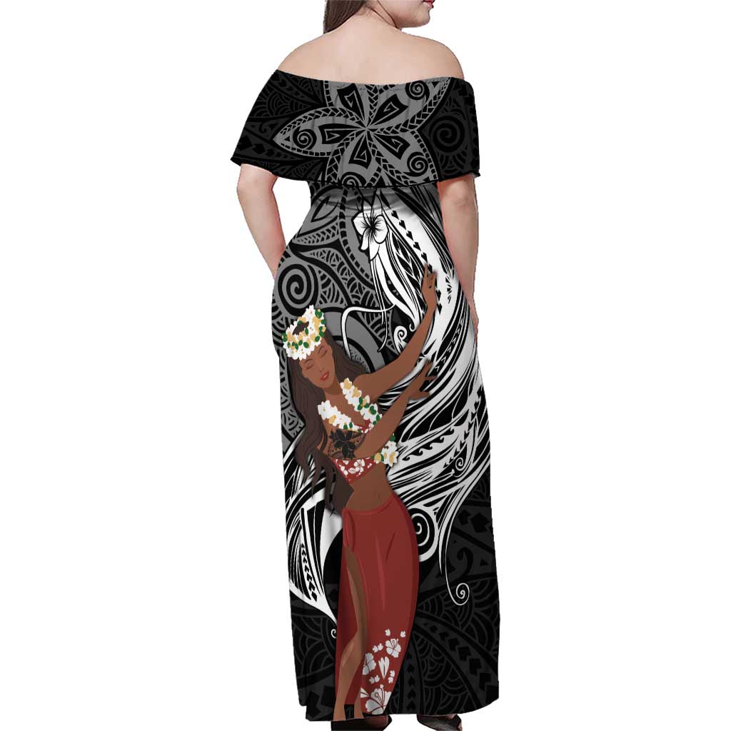 Tahiti Islands Polynesian Plumeria Family Matching Off Shoulder Maxi Dress and Hawaiian Shirt Tahitian Vahine 'Ote'a - Black LT7 - Polynesian Pride