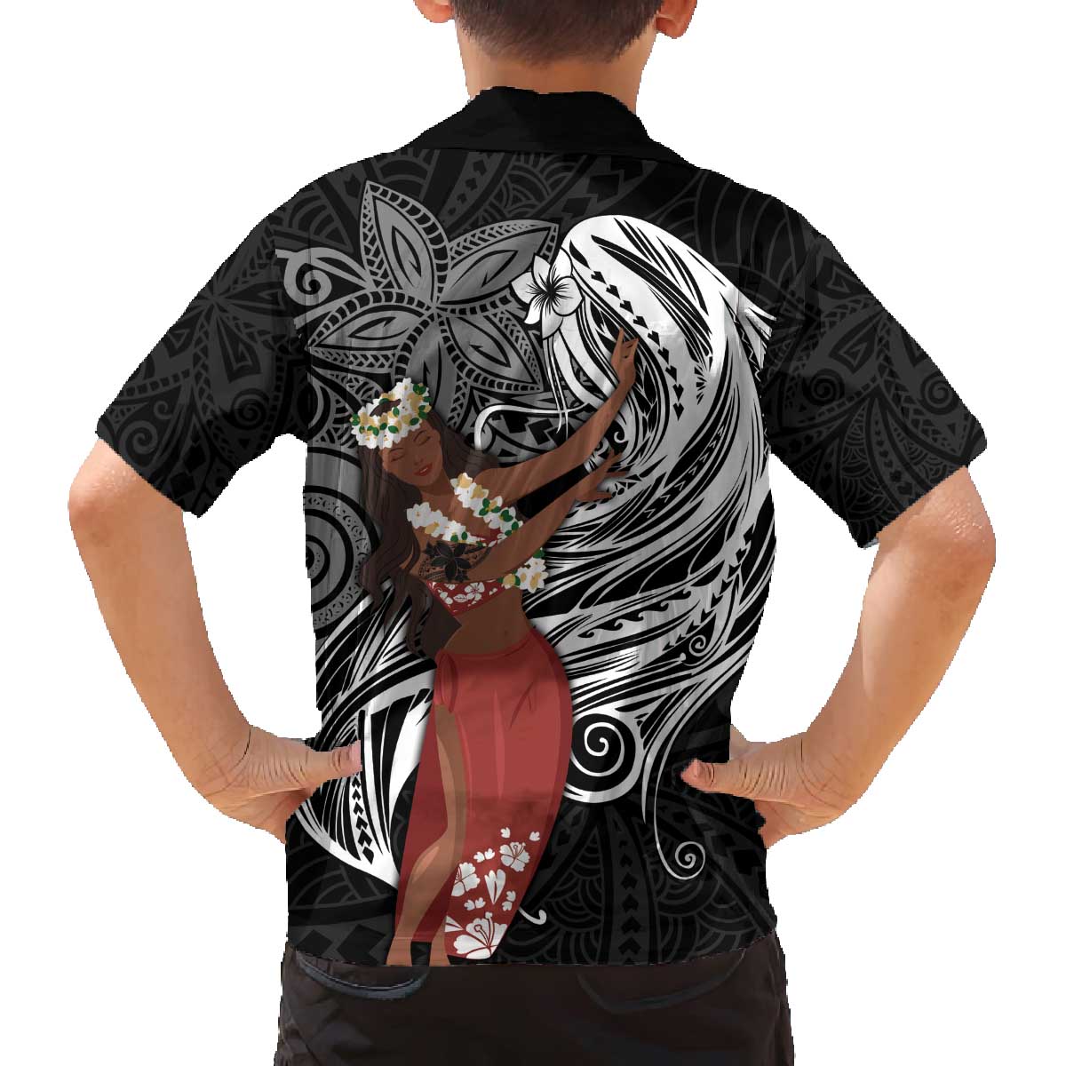 Tahiti Islands Polynesian Plumeria Family Matching Off Shoulder Short Dress and Hawaiian Shirt Tahitian Vahine 'Ote'a - Black