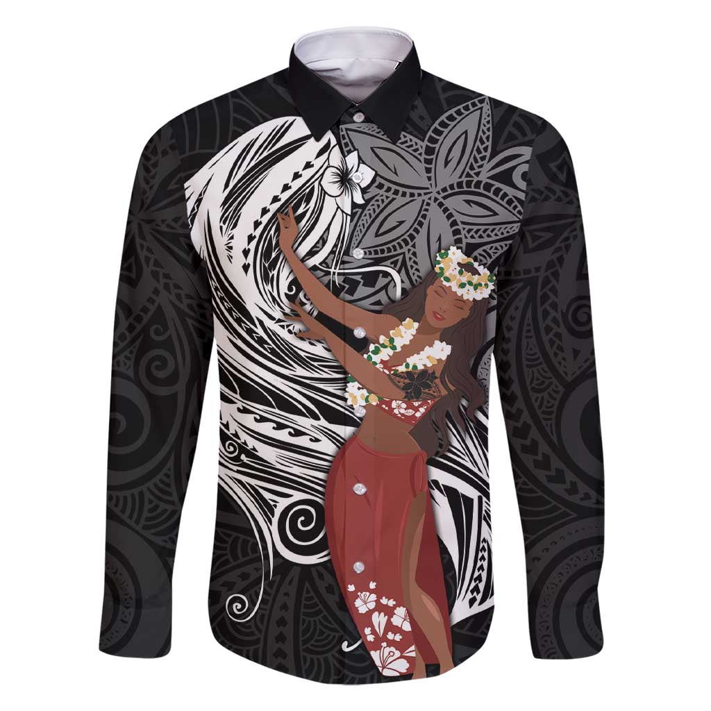 Tahiti Islands Polynesian Plumeria Family Matching Short Sleeve Bodycon Dress and Hawaiian Shirt Tahitian Vahine 'Ote'a - Black LT7 Dad's Shirt - Long Sleeve Black - Polynesian Pride