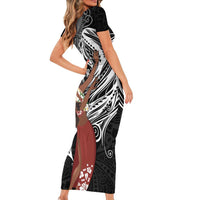 Tahiti Islands Polynesian Plumeria Family Matching Short Sleeve Bodycon Dress and Hawaiian Shirt Tahitian Vahine 'Ote'a - Black LT7 - Polynesian Pride