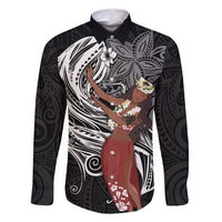 Tahiti Islands Polynesian Plumeria Family Matching Summer Maxi Dress and Hawaiian Shirt Tahitian Vahine 'Ote'a - Black LT7 Dad's Shirt - Long Sleeve Black - Polynesian Pride