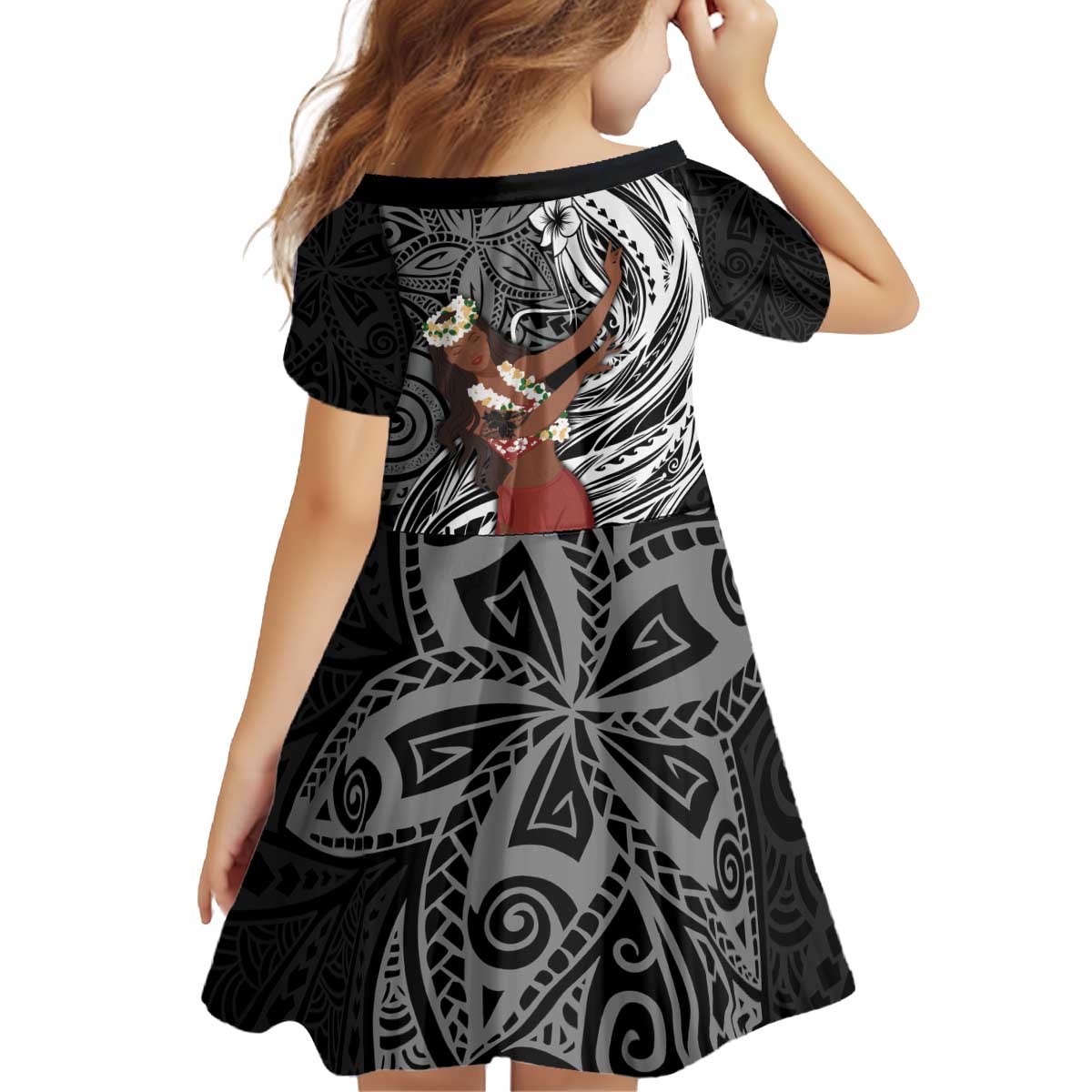 Tahiti Islands Polynesian Plumeria Kid Short Sleeve Dress Tahitian Vahine 'Ote'a - Black