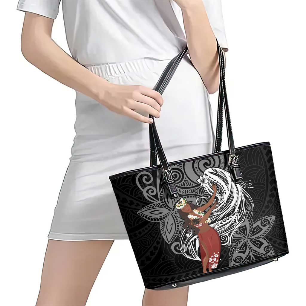 Tahiti Islands Polynesian Plumeria Leather Tote Bag Tahitian Vahine 'Ote'a - Black