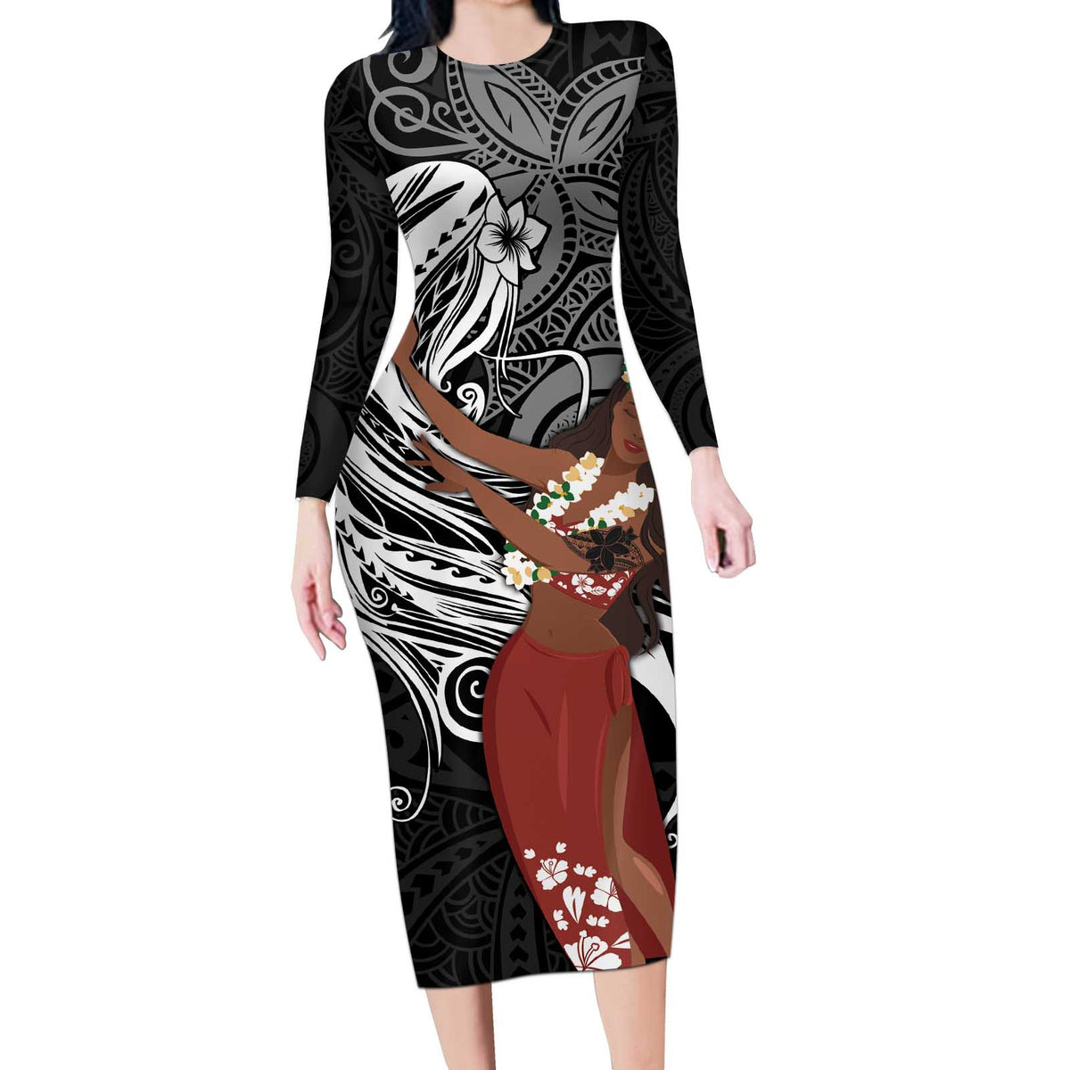 Tahiti Islands Polynesian Plumeria Long Sleeve Bodycon Dress Tahitian Vahine 'Ote'a - Black LT7 Long Dress Black - Polynesian Pride