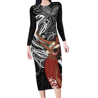 Tahiti Islands Polynesian Plumeria Long Sleeve Bodycon Dress Tahitian Vahine 'Ote'a - Black LT7 Long Dress Black - Polynesian Pride