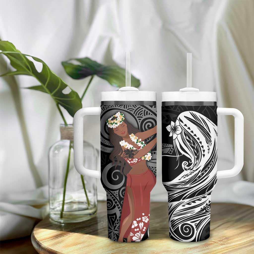 Tahiti Islands Polynesian Plumeria Tumbler With Handle Tahitian Vahine 'Ote'a - Black