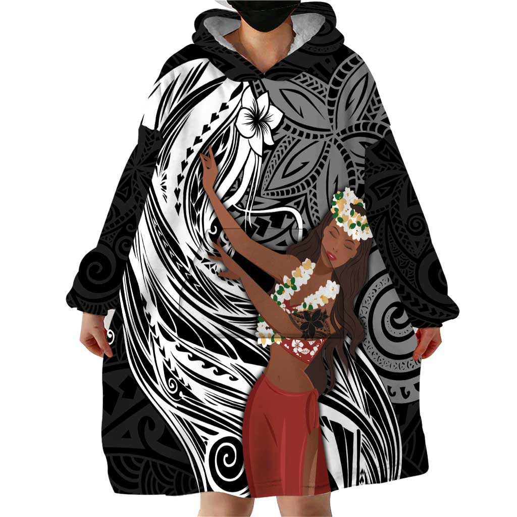 Tahiti Islands Polynesian Plumeria Wearable Blanket Hoodie Tahitian Vahine 'Ote'a - Black LT7 - Polynesian Pride