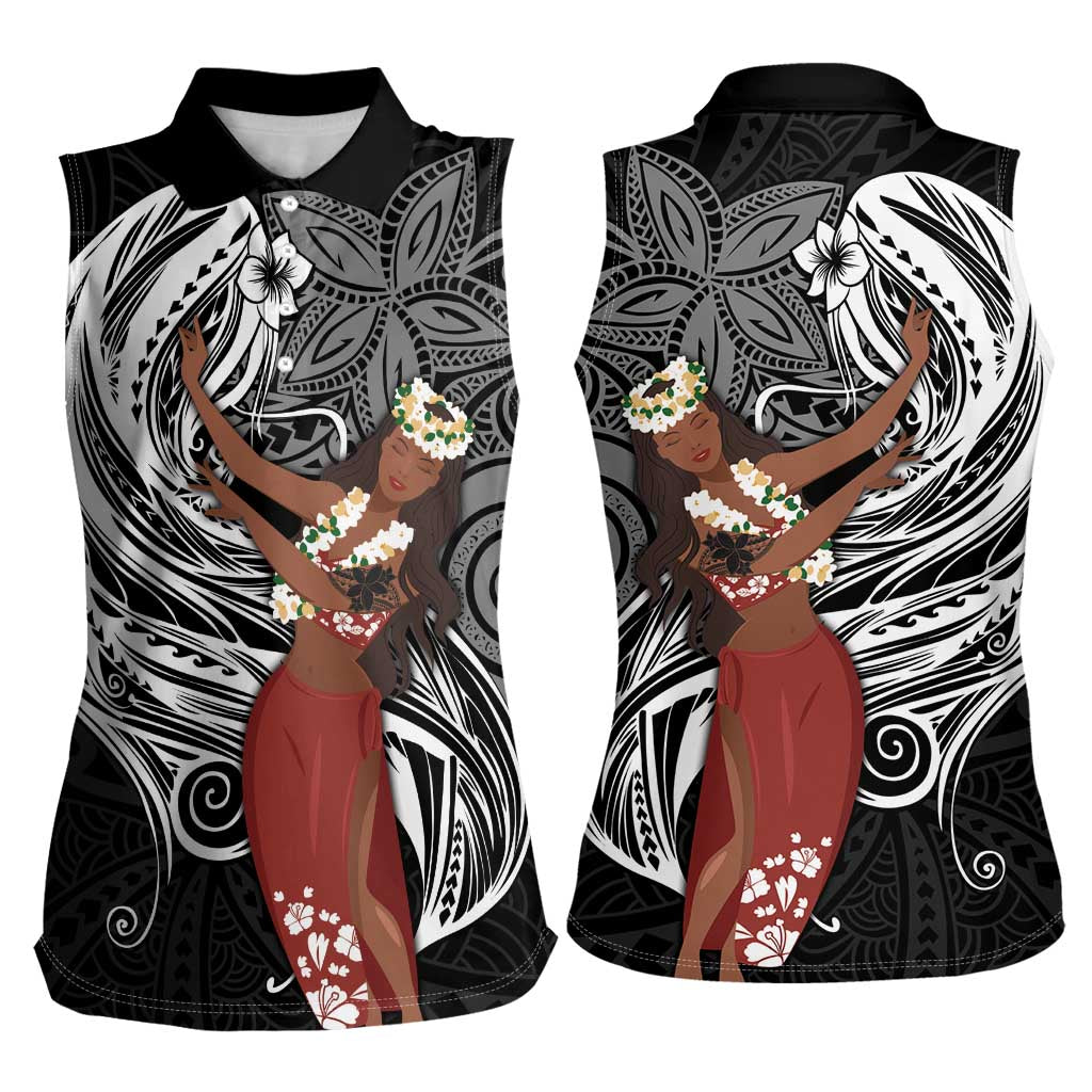 Tahiti Islands Polynesian Plumeria Women Sleeveless Polo Shirt Tahitian Vahine 'Ote'a - Black
