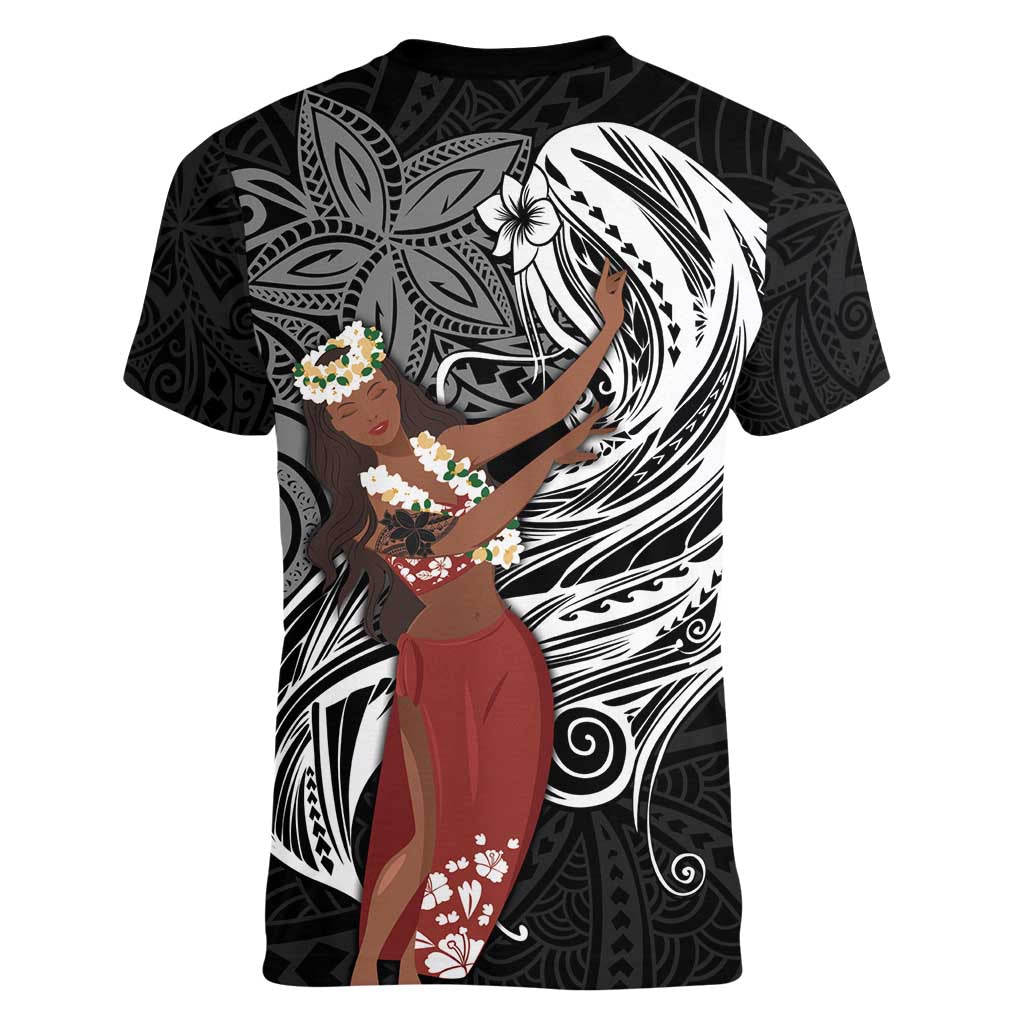 Tahiti Islands Polynesian Plumeria Women V-Neck T-Shirt Tahitian Vahine 'Ote'a - Black LT7 - Polynesian Pride