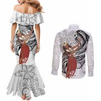 Tahiti Islands Polynesian Plumeria Couples Matching Mermaid Dress and Long Sleeve Button Shirt Tahitian Vahine 'Ote'a - White