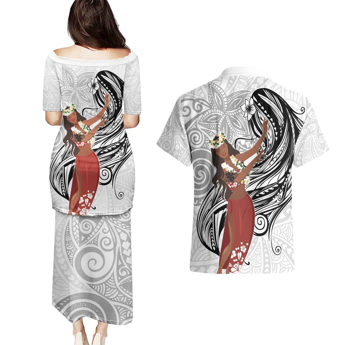 Tahiti Islands Polynesian Plumeria Couples Matching Puletasi and Hawaiian Shirt Tahitian Vahine 'Ote'a - White