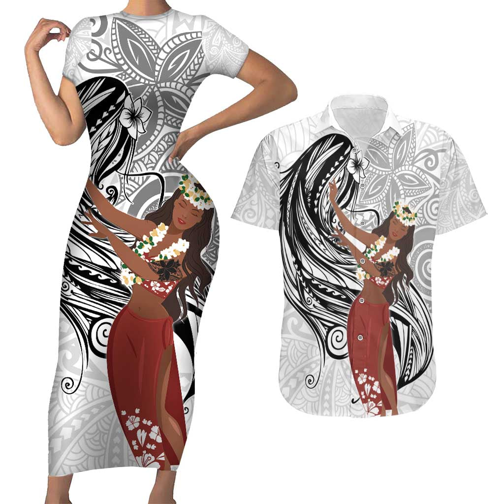 Tahiti Islands Polynesian Plumeria Couples Matching Short Sleeve Bodycon Dress and Hawaiian Shirt Tahitian Vahine 'Ote'a - White