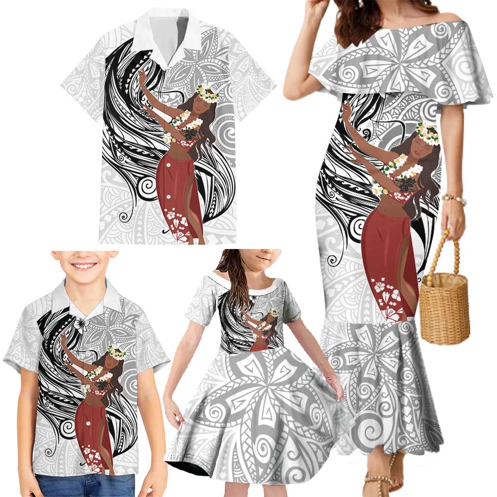 Tahiti Islands Polynesian Plumeria Family Matching Mermaid Dress and Hawaiian Shirt Tahitian Vahine 'Ote'a - White LT7 - Polynesian Pride