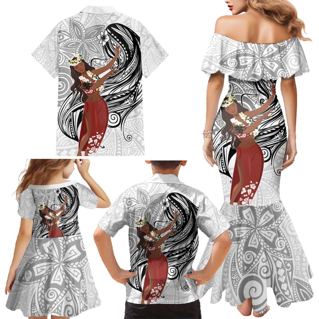 Tahiti Islands Polynesian Plumeria Family Matching Mermaid Dress and Hawaiian Shirt Tahitian Vahine 'Ote'a - White LT7 - Polynesian Pride
