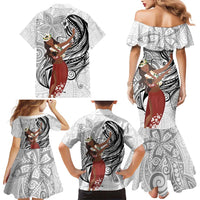 Tahiti Islands Polynesian Plumeria Family Matching Mermaid Dress and Hawaiian Shirt Tahitian Vahine 'Ote'a - White LT7 - Polynesian Pride