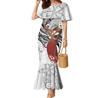 Tahiti Islands Polynesian Plumeria Family Matching Mermaid Dress and Hawaiian Shirt Tahitian Vahine 'Ote'a - White LT7 Mom's Dress White - Polynesian Pride