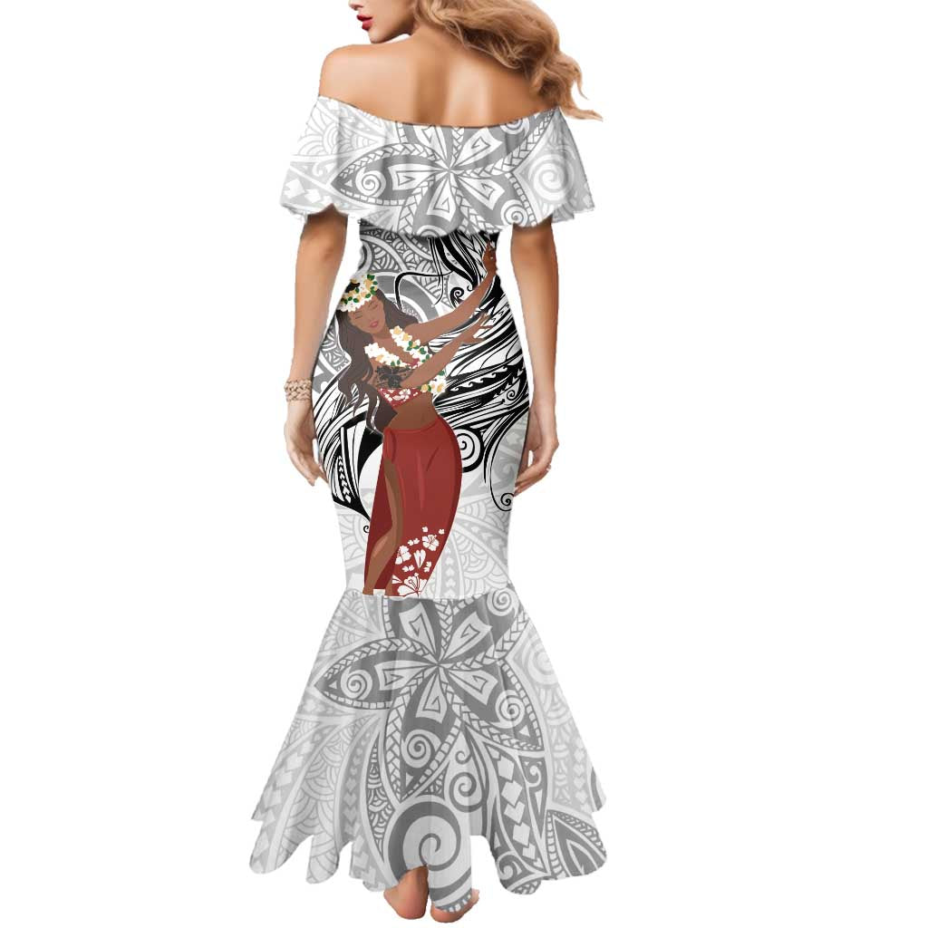 Tahiti Islands Polynesian Plumeria Family Matching Mermaid Dress and Hawaiian Shirt Tahitian Vahine 'Ote'a - White LT7 - Polynesian Pride