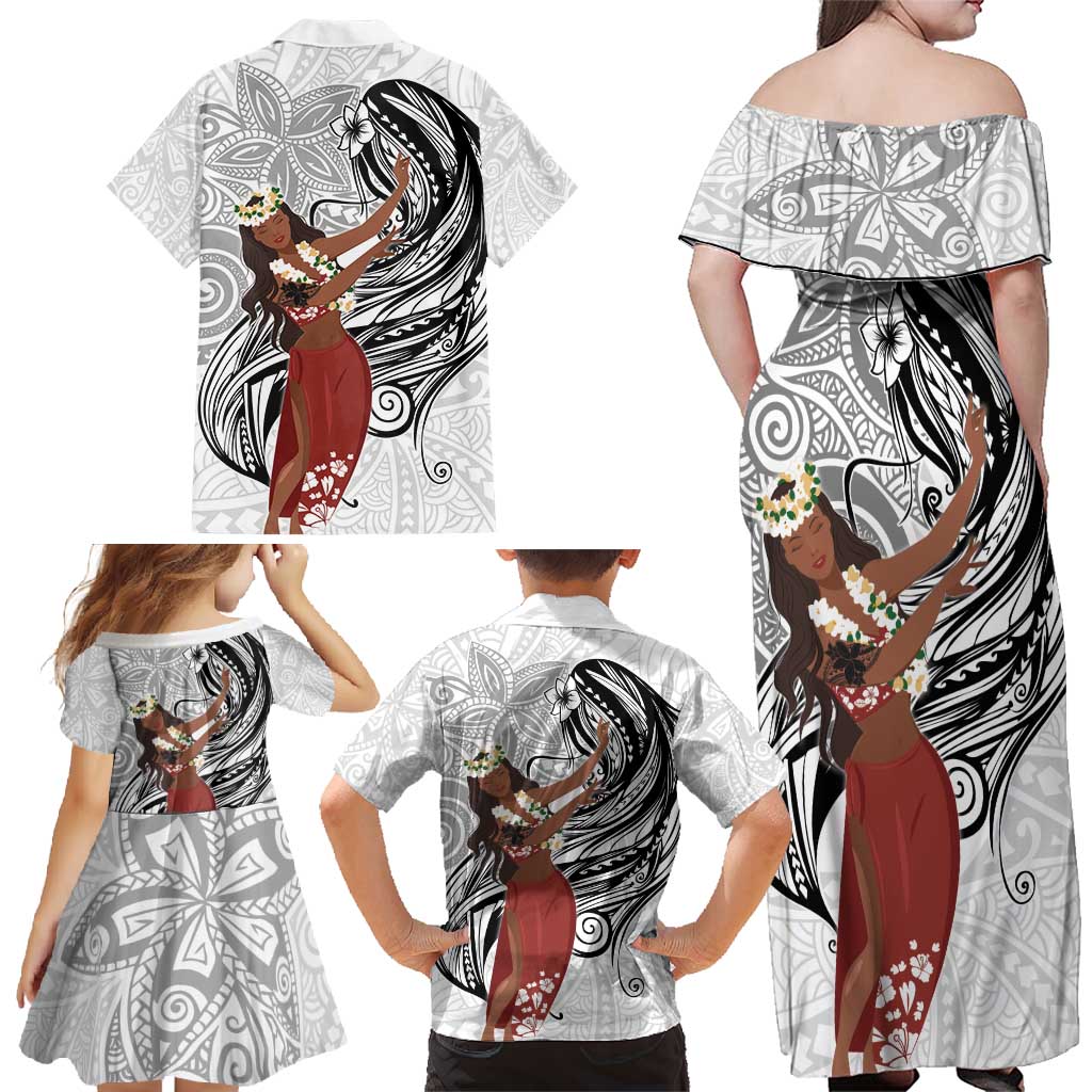Tahiti Islands Polynesian Plumeria Family Matching Off Shoulder Maxi Dress and Hawaiian Shirt Tahitian Vahine 'Ote'a - White LT7 - Polynesian Pride