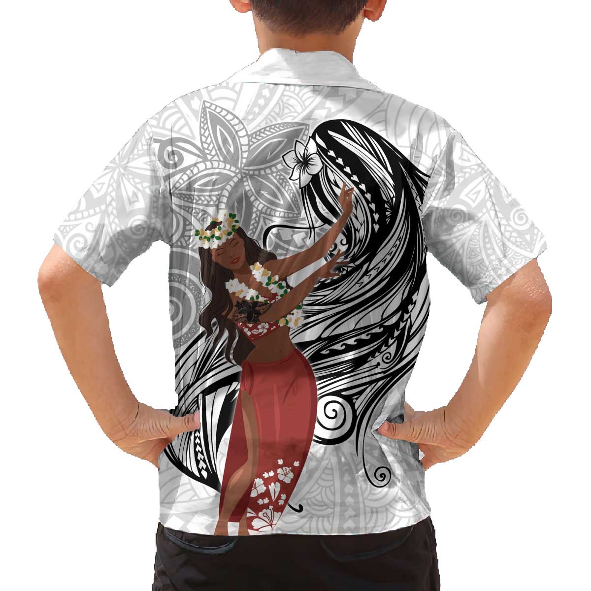 Tahiti Islands Polynesian Plumeria Family Matching Puletasi and Hawaiian Shirt Tahitian Vahine 'Ote'a - White LT7 - Polynesian Pride