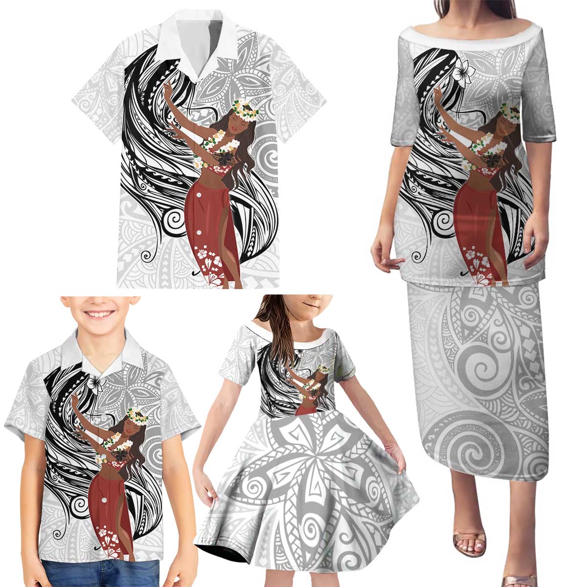 Tahiti Islands Polynesian Plumeria Family Matching Puletasi and Hawaiian Shirt Tahitian Vahine 'Ote'a - White LT7 - Polynesian Pride