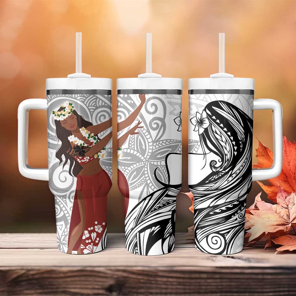 Tahiti Islands Polynesian Plumeria Tumbler With Handle Tahitian Vahine 'Ote'a - White