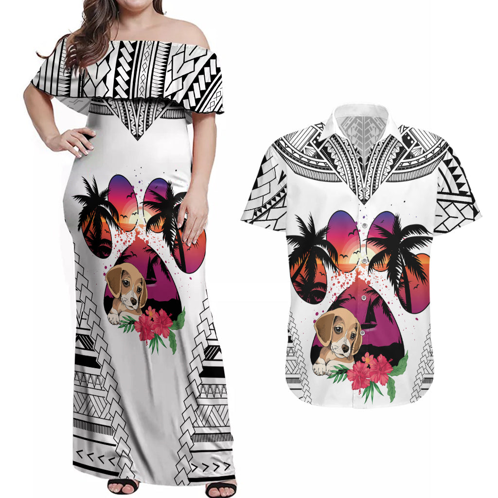 Polynesian Couples Matching Off Shoulder Maxi Dress and Hawaiian Shirt Dog Lover With Beagle - Sunset At The Beach White Ver LT7 White - Polynesian Pride