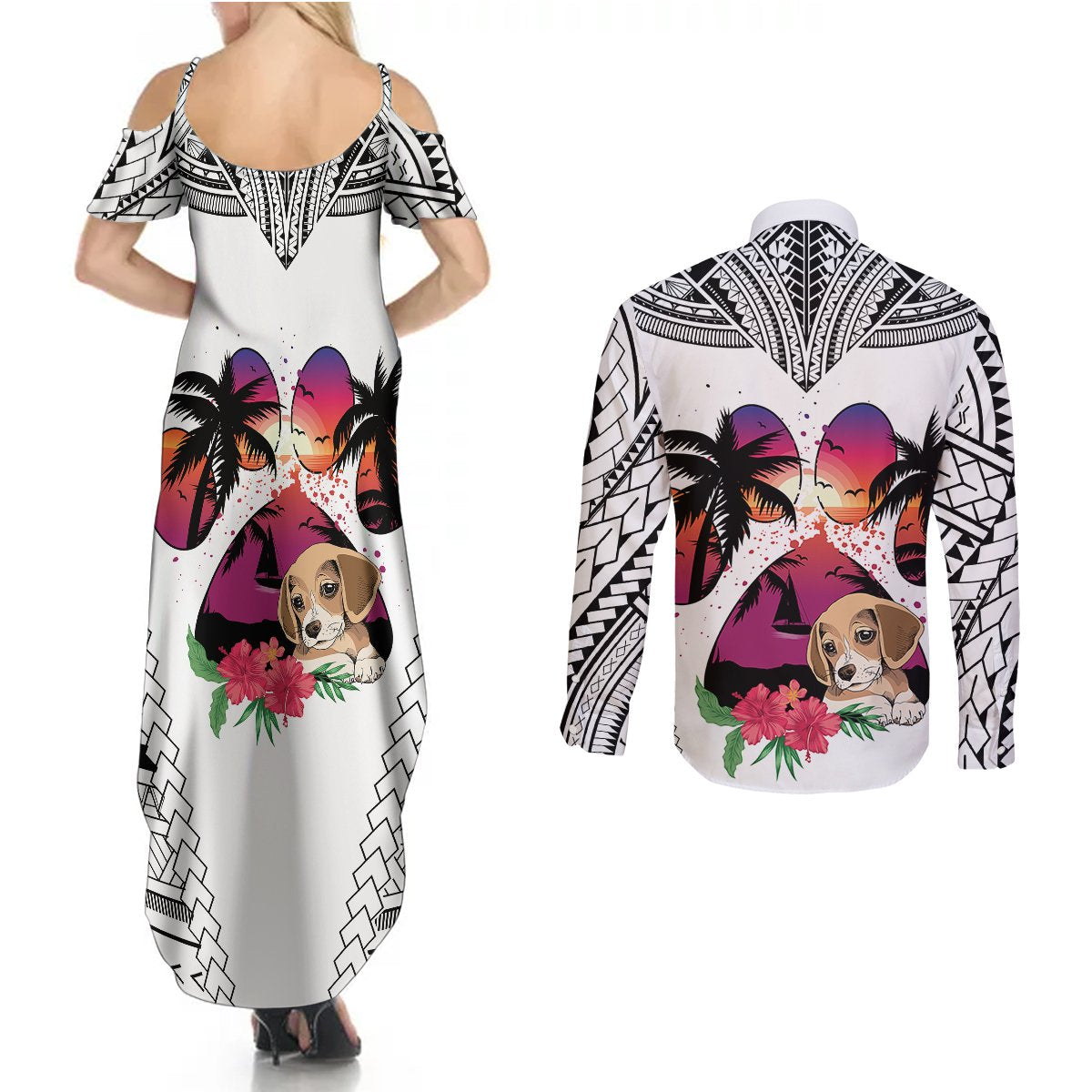Polynesian Couples Matching Summer Maxi Dress and Long Sleeve Button Shirts Dog Lover With Beagle - Sunset At The Beach White Ver LT7 - Polynesian Pride