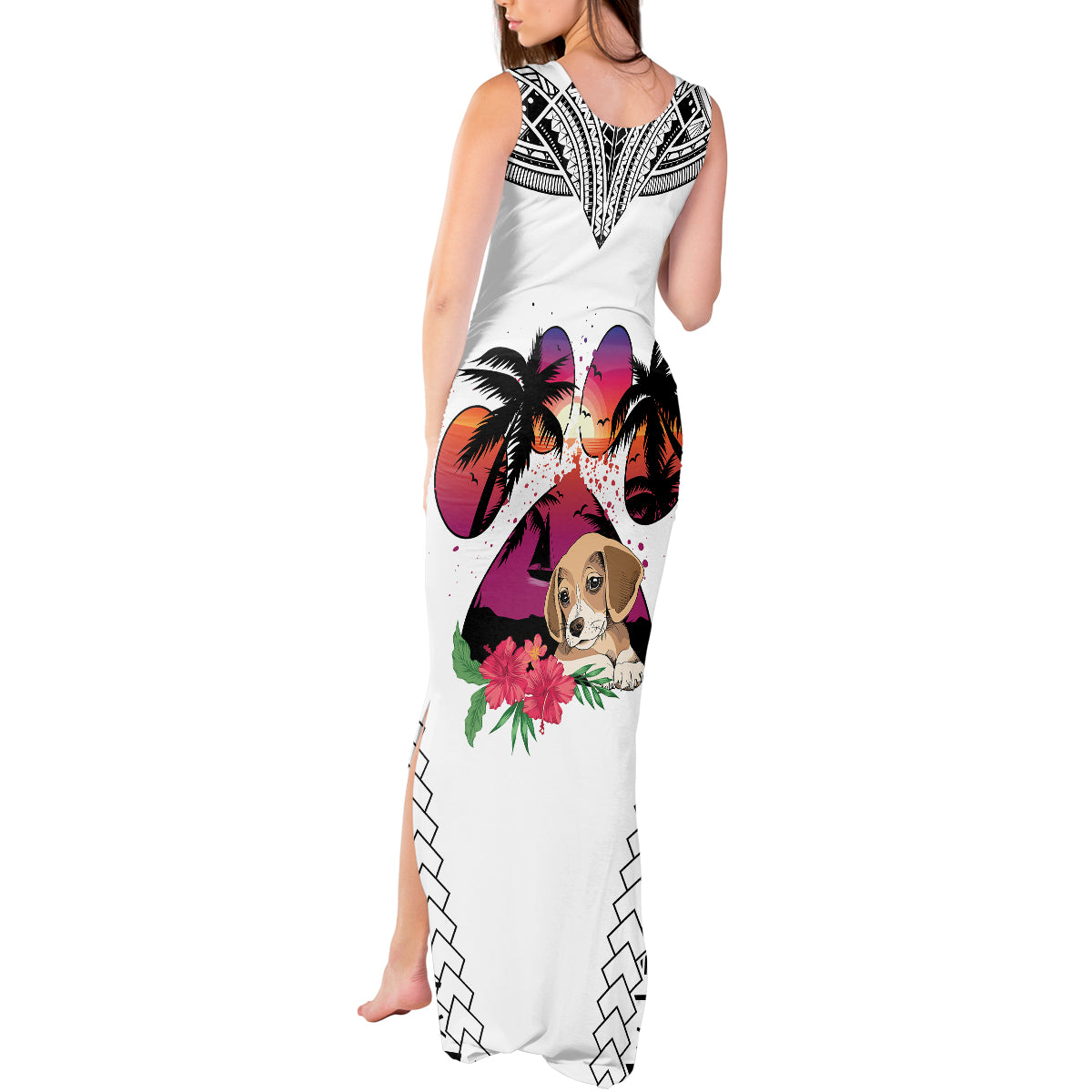 Polynesian Tank Maxi Dress Dog Lover With Beagle - Sunset At The Beach White Ver LT7 - Polynesian Pride