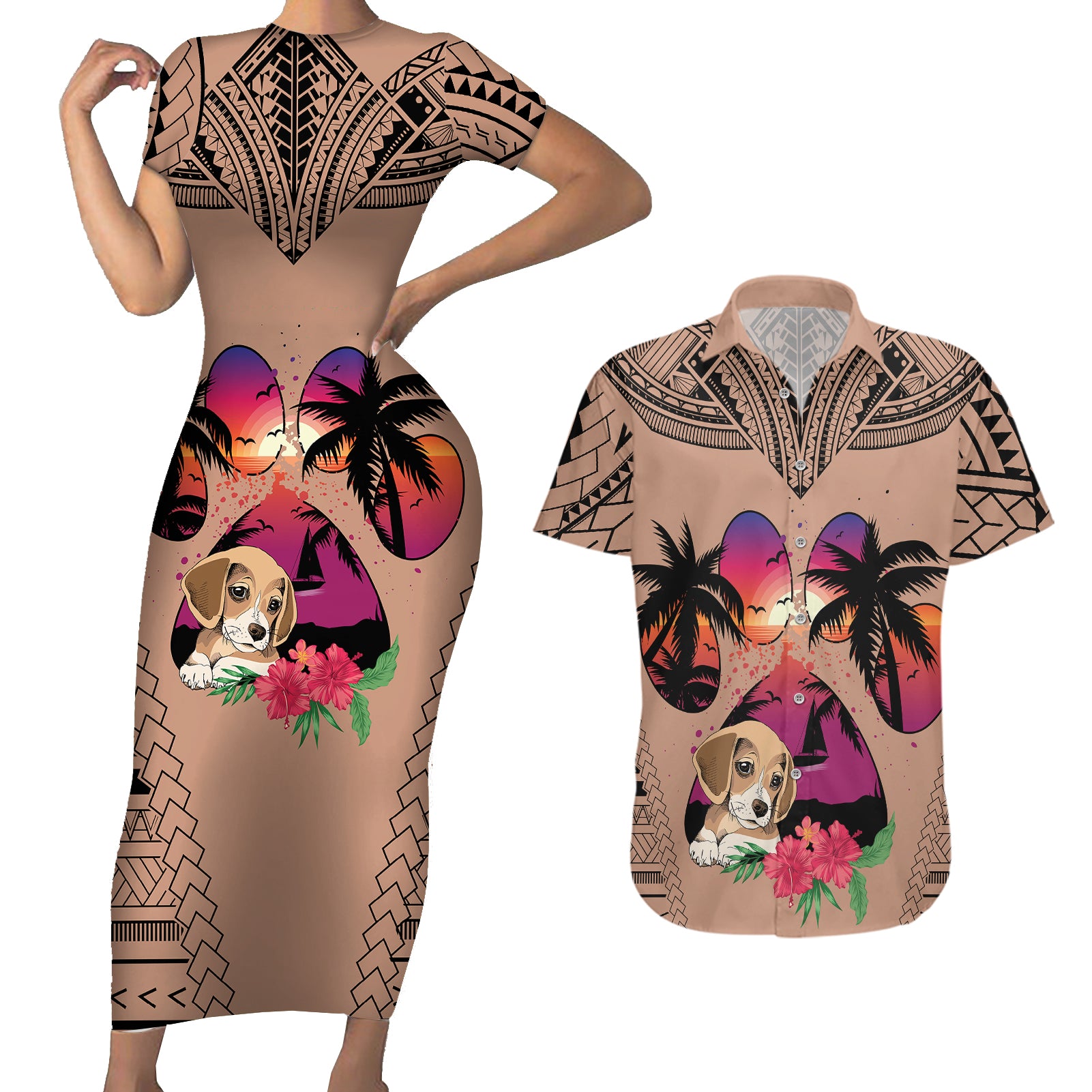 Polynesian Couples Matching Short Sleeve Bodycon Dress and Hawaiian Shirt Dog Lover With Beagle - Sunset At The Beach Brown Ver LT7 Brown - Polynesian Pride