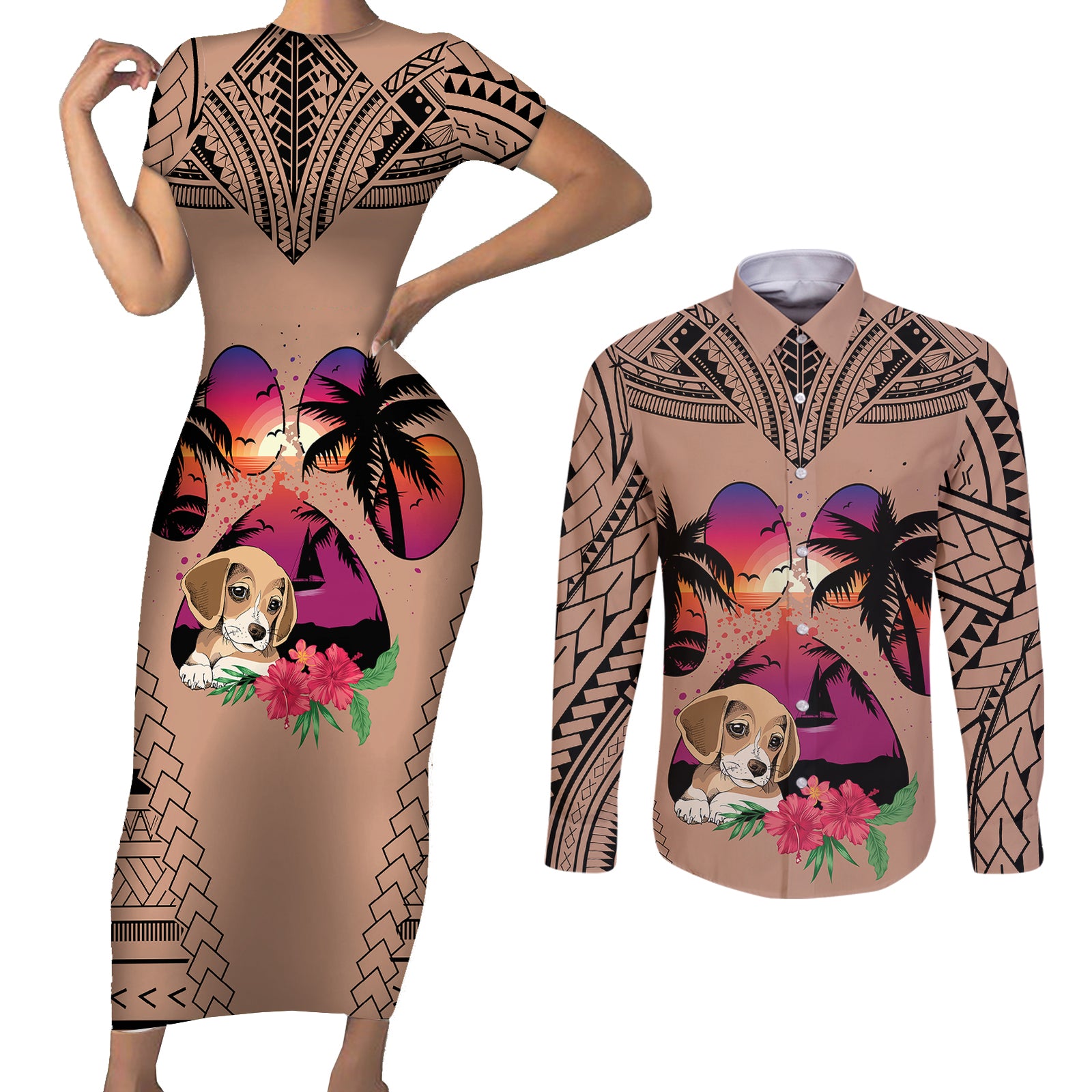 Polynesian Couples Matching Short Sleeve Bodycon Dress and Long Sleeve Button Shirts Dog Lover With Beagle - Sunset At The Beach Brown Ver LT7 Brown - Polynesian Pride