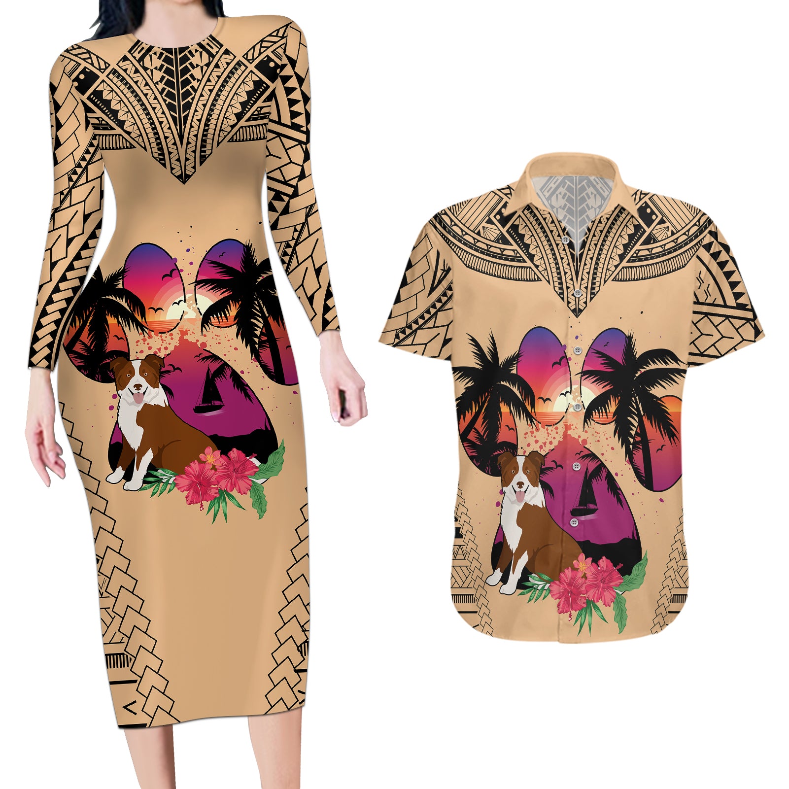 Polynesian Couples Matching Long Sleeve Bodycon Dress and Hawaiian Shirt Dog Lover With Border Collie - Sunset At The Beach LT7 Coral - Polynesian Pride